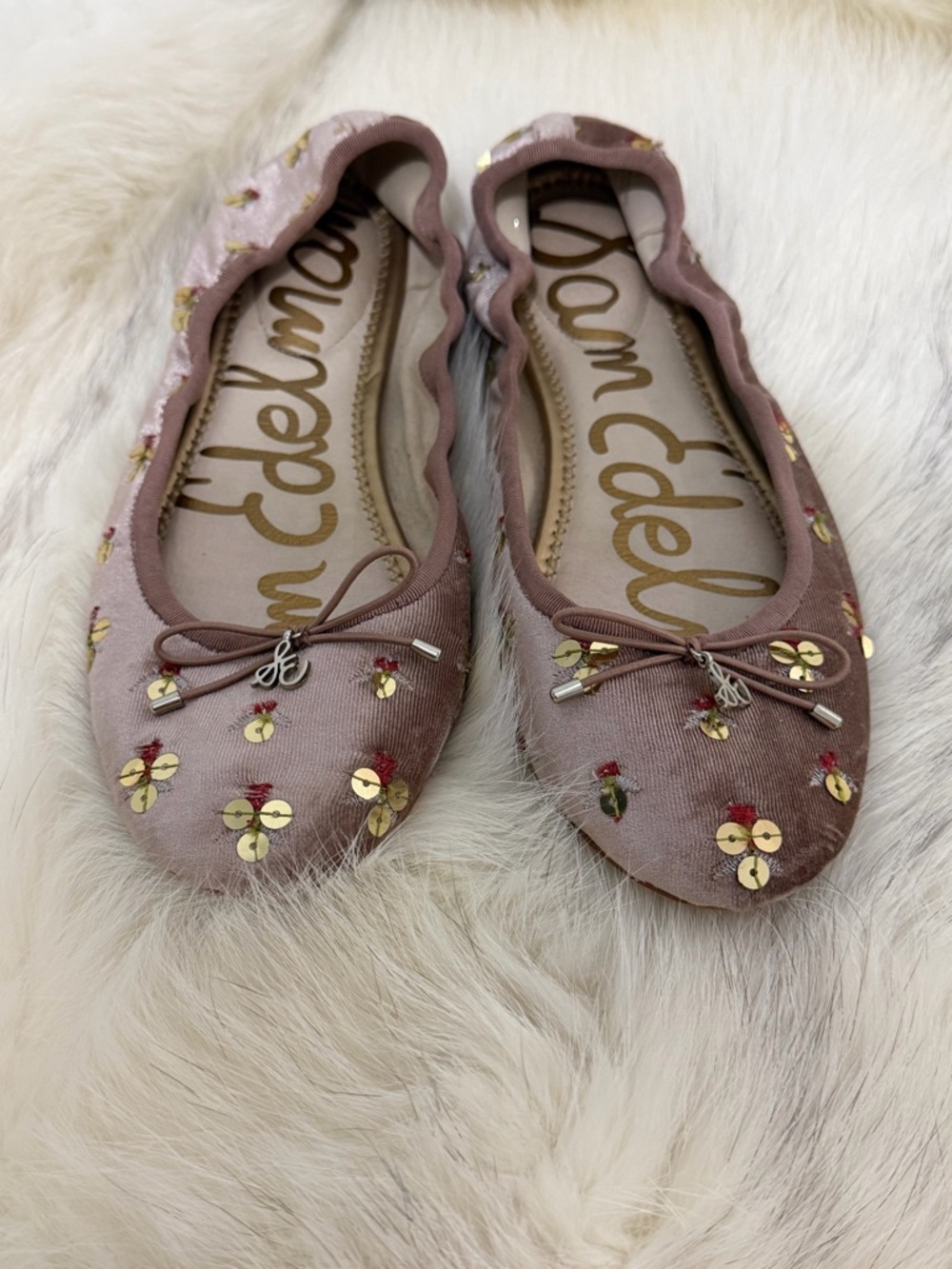 Sam Edelman Dusty Rose Pink Velvet Ballet Flats Floral Sequins 8.5 WORN ONCE - Picture 3 of 7